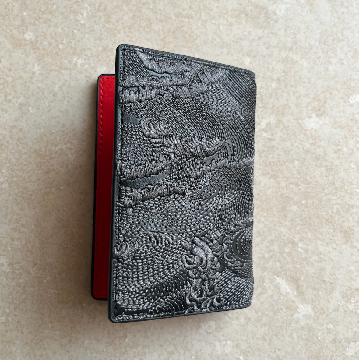 Black/Red Embroidered Leather Bi-Fold Cardholder
