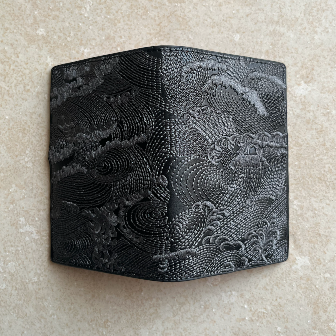 Black/Red Embroidered Leather Bi-Fold Cardholder