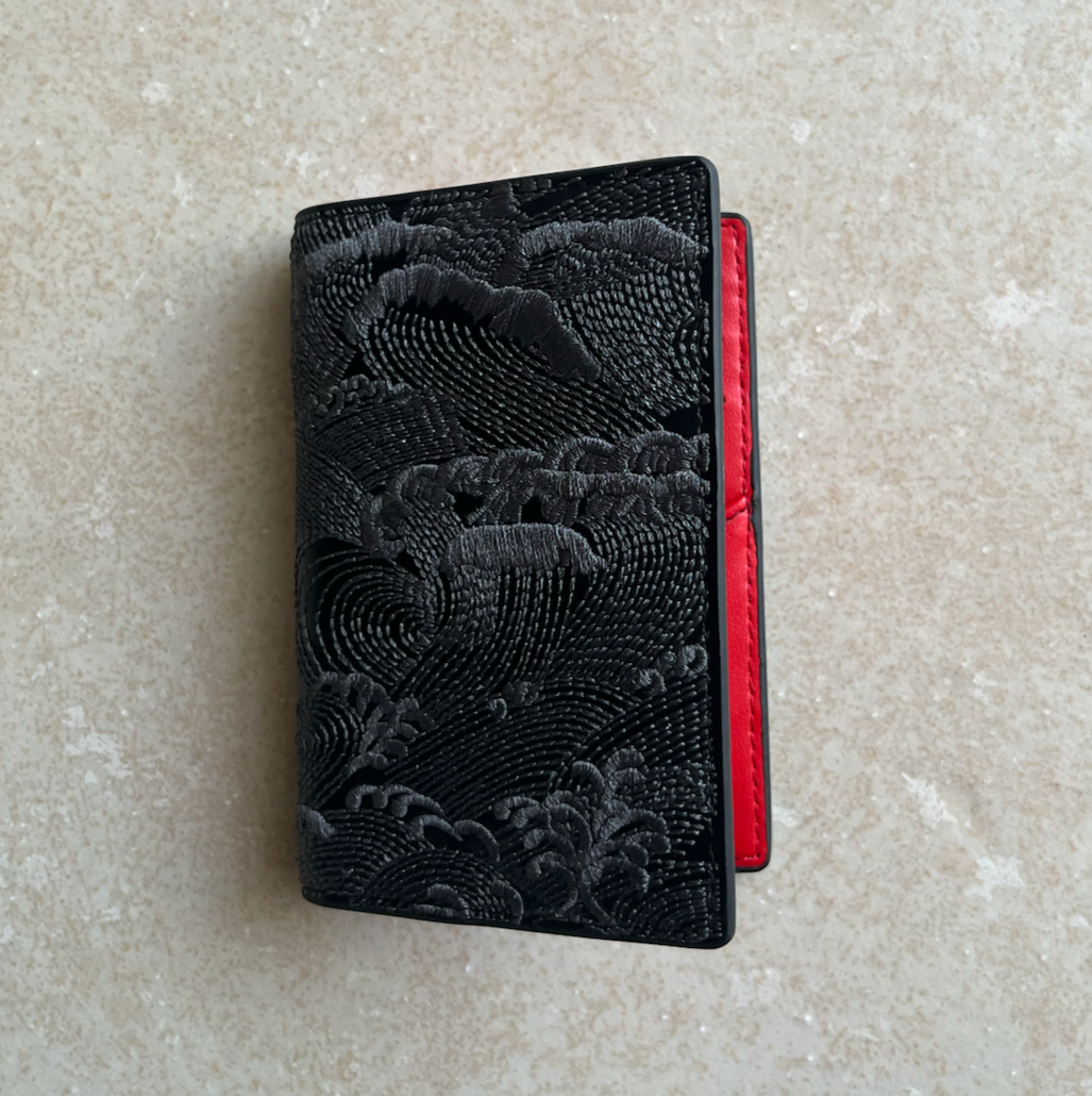 Black/Red Embroidered Leather Bi-Fold Cardholder