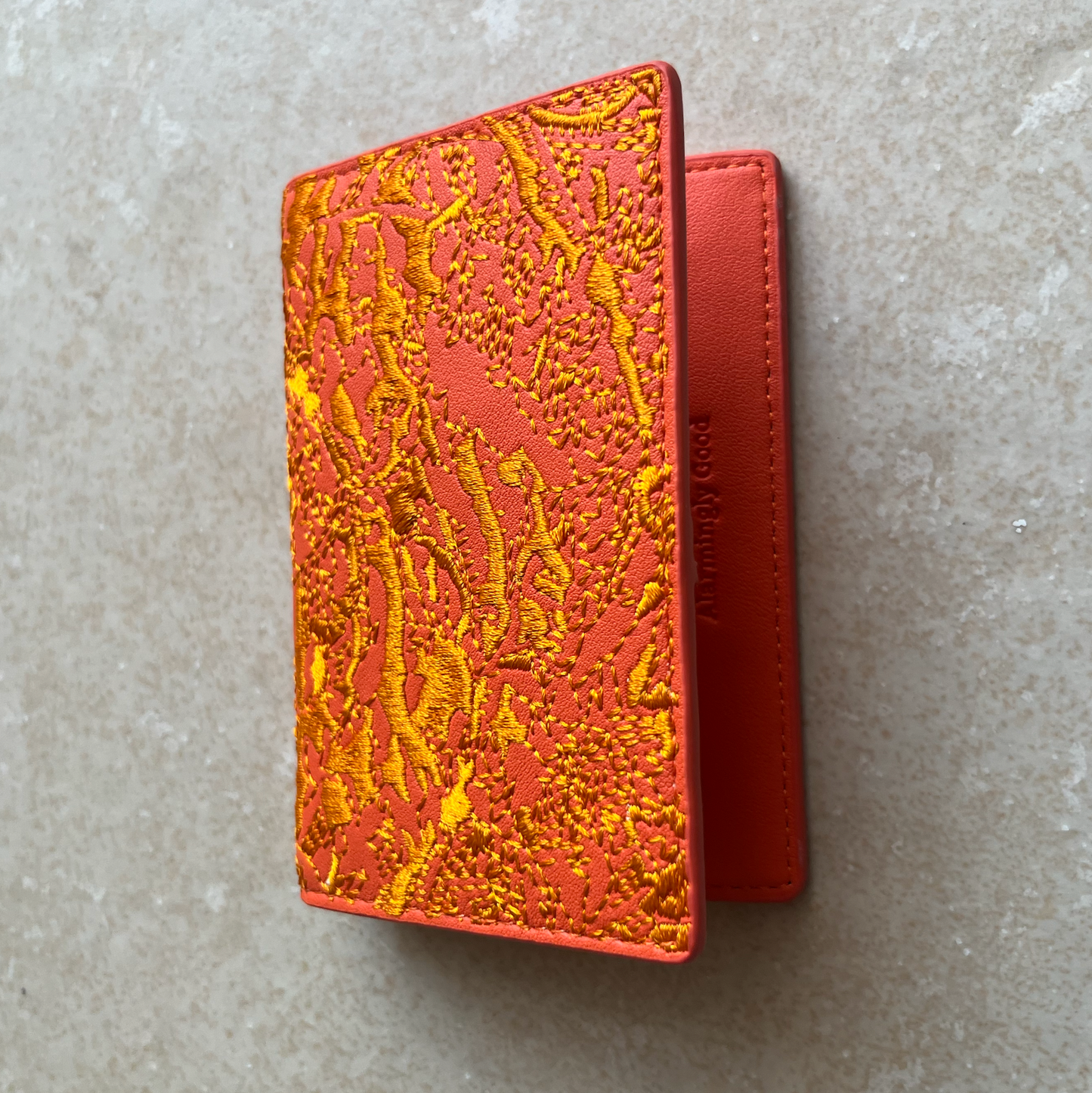 Orange Embroidered Leather Bi-Fold Cardholder