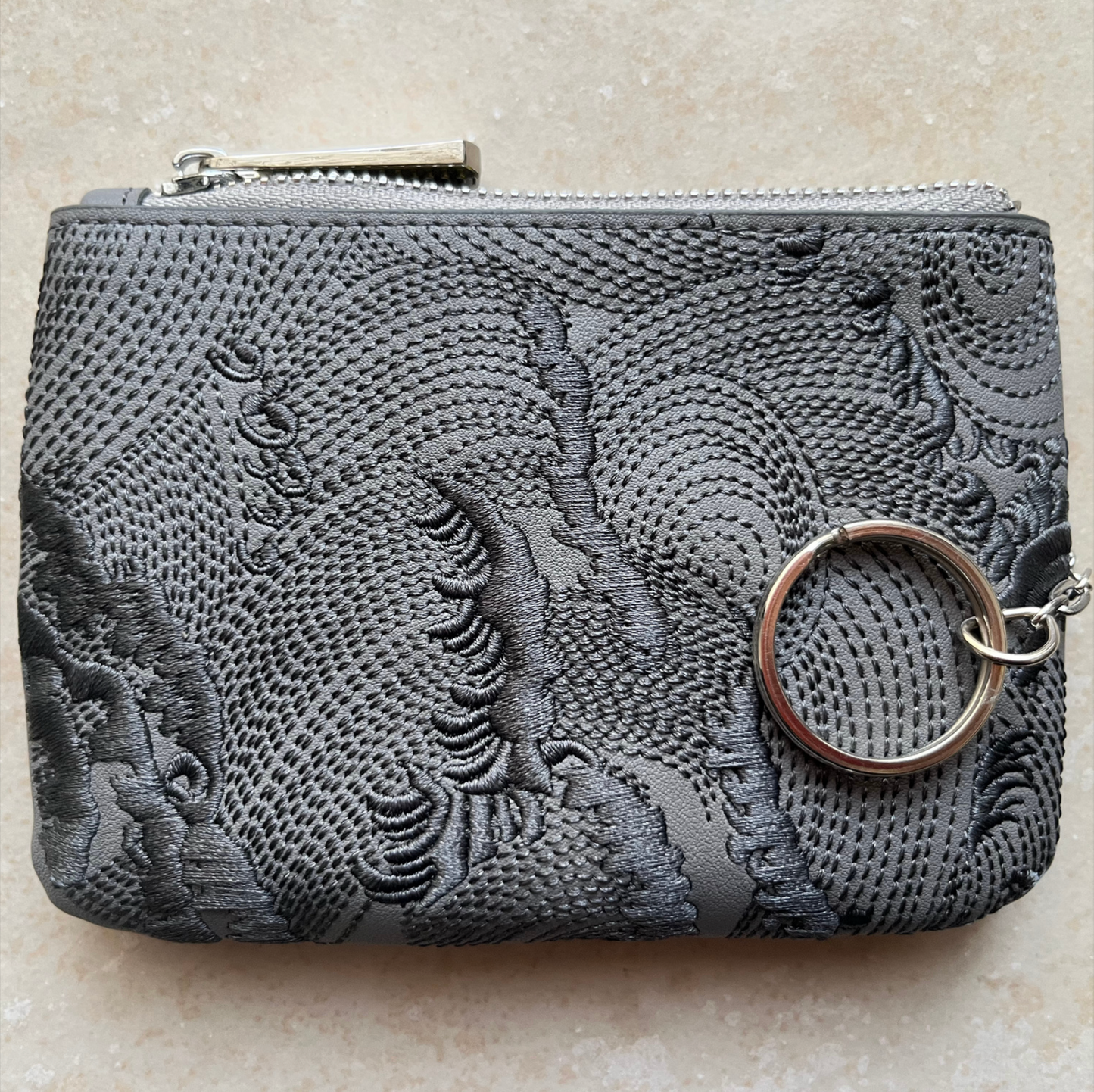 Grey/Yellow Embroidered Leather Key Pouch