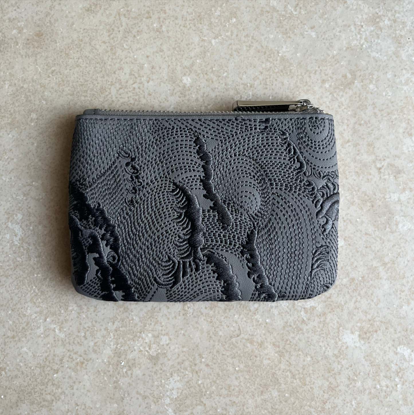 Grey/Yellow Embroidered Leather Key Pouch