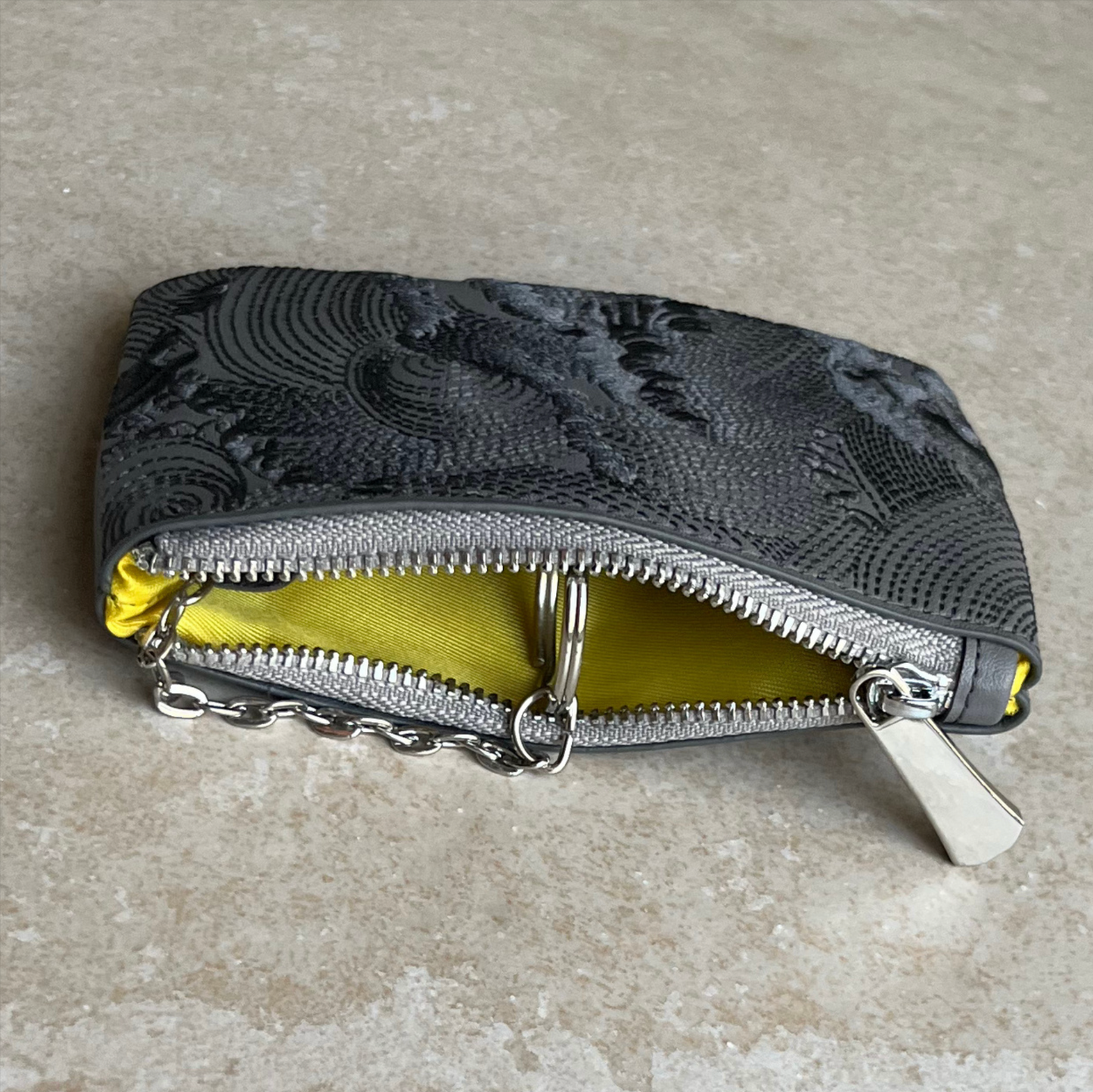 Grey/Yellow Embroidered Leather Key Pouch