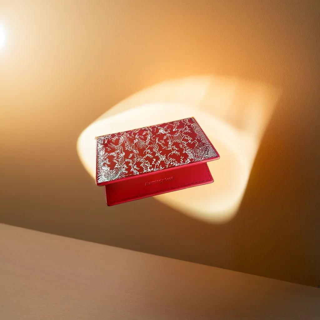Zweifach faltbares Kartenetui aus rotem besticktem Leder