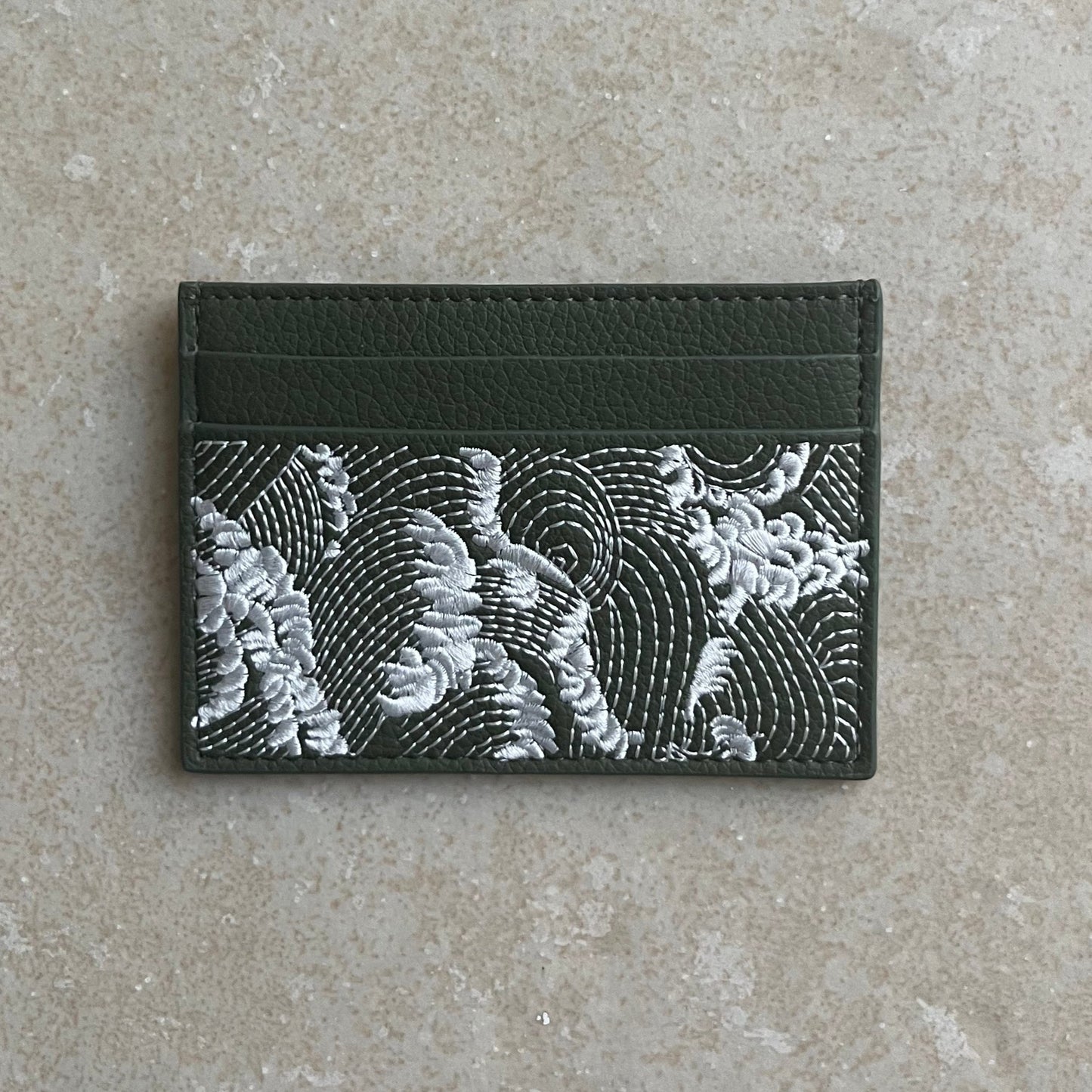 Olive Green Embroidered Leather Cardholder