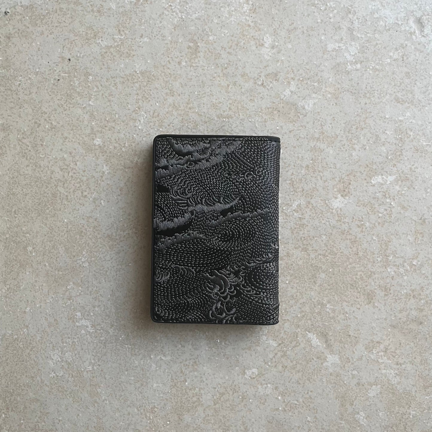 Black/Black Embroidered Leather Bi-Fold Cardholder