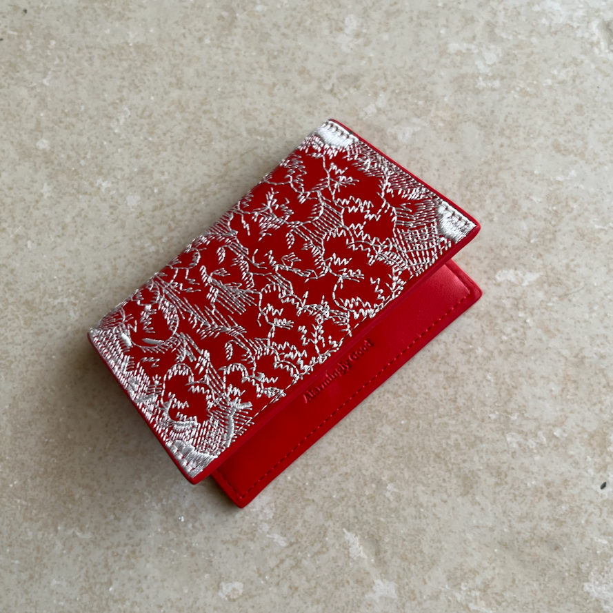 Red Embroidered Leather Bi-Fold Cardholder