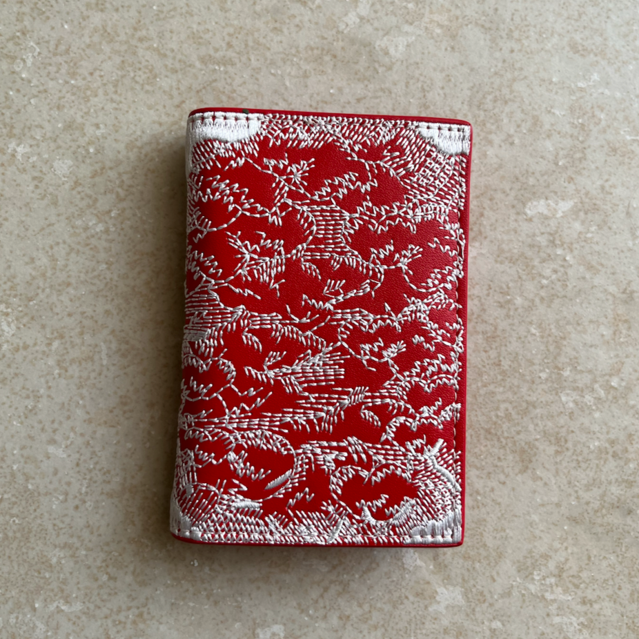 Red Embroidered Leather Bi-Fold Cardholder