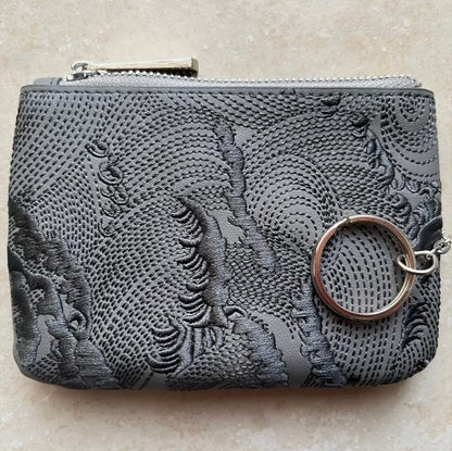 Grey/Yellow Embroidered Leather Key Pouch
