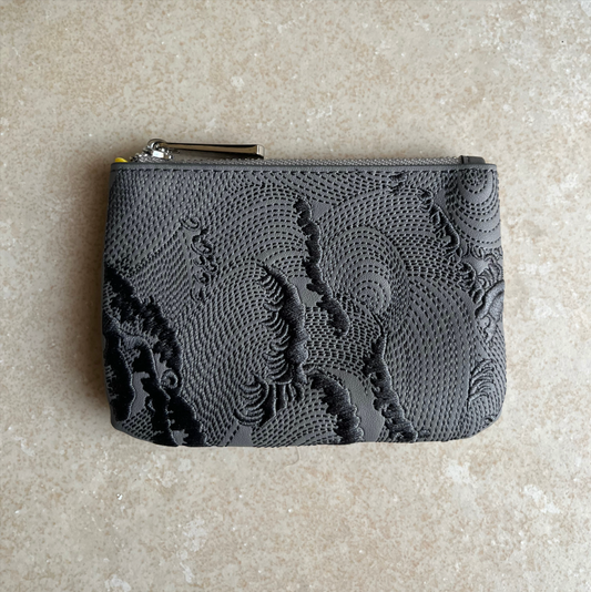 Grey/Yellow Embroidered Leather Key Pouch