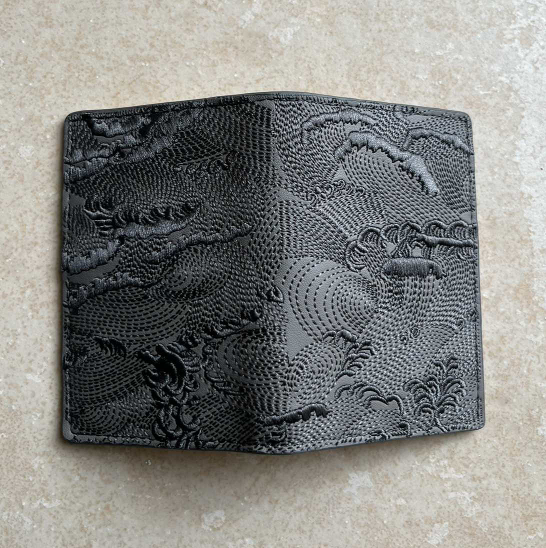 Grey/Yellow Embroidered Leather Bi-Fold Cardholder