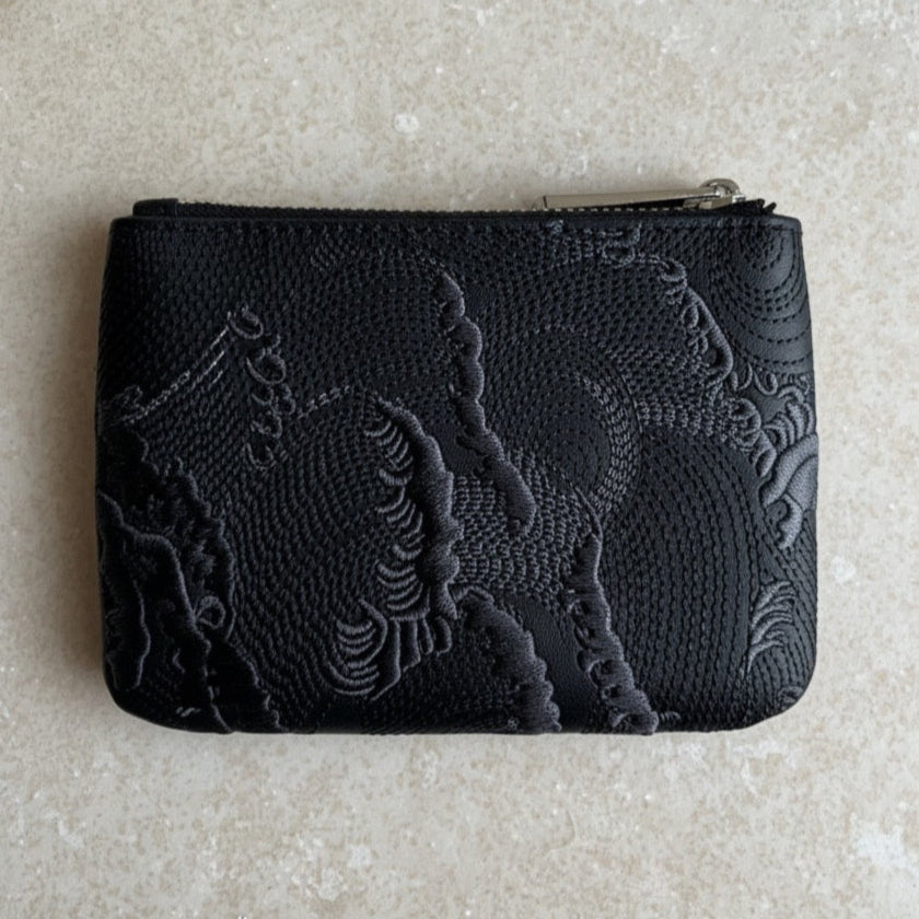 Black Embroidered Leather Key Pouch