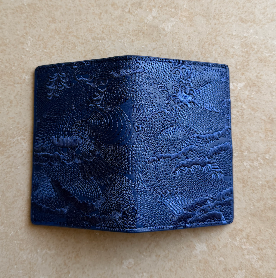 Blue/Blue Embroidered Leather Bi-Fold Cardholder
