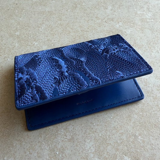 Blue/Blue Embroidered Leather Bi-Fold Cardholder