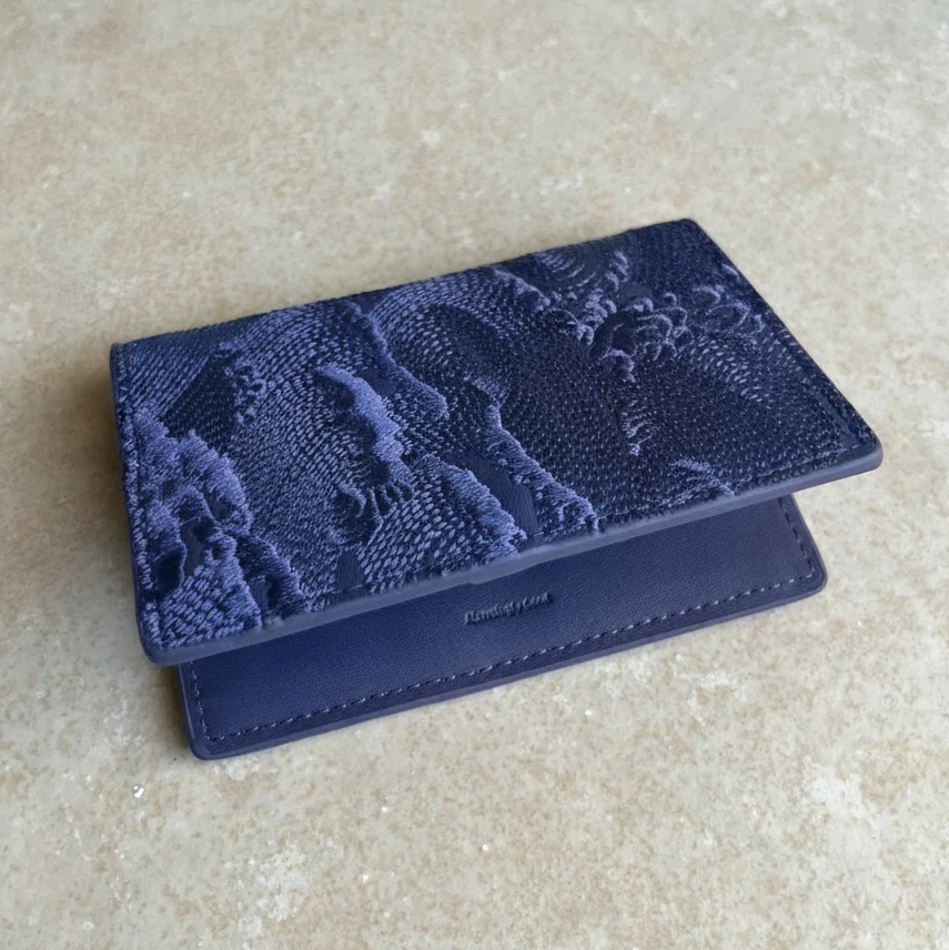 Blue/Blue Embroidered Leather Bi-Fold Cardholder