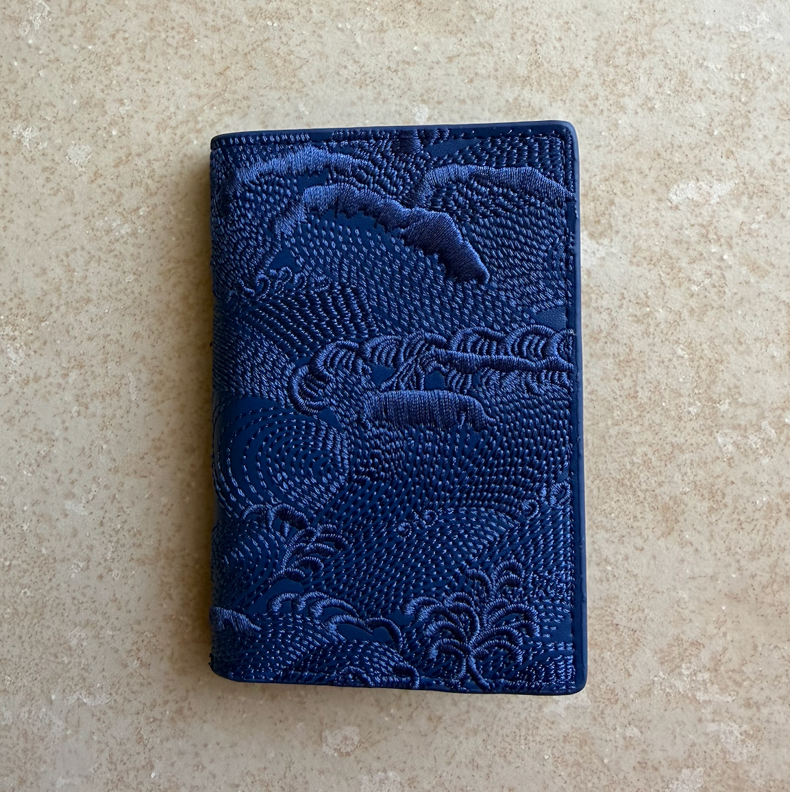 Blue/Blue Embroidered Leather Bi-Fold Cardholder
