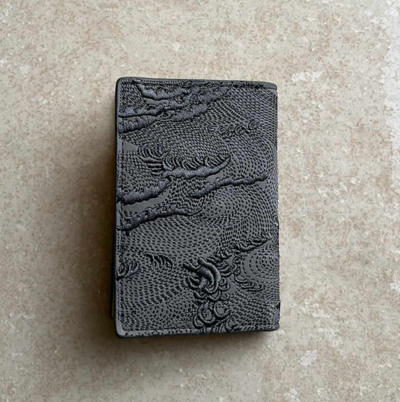 Grey/Yellow Embroidered Leather Bi-Fold Cardholder