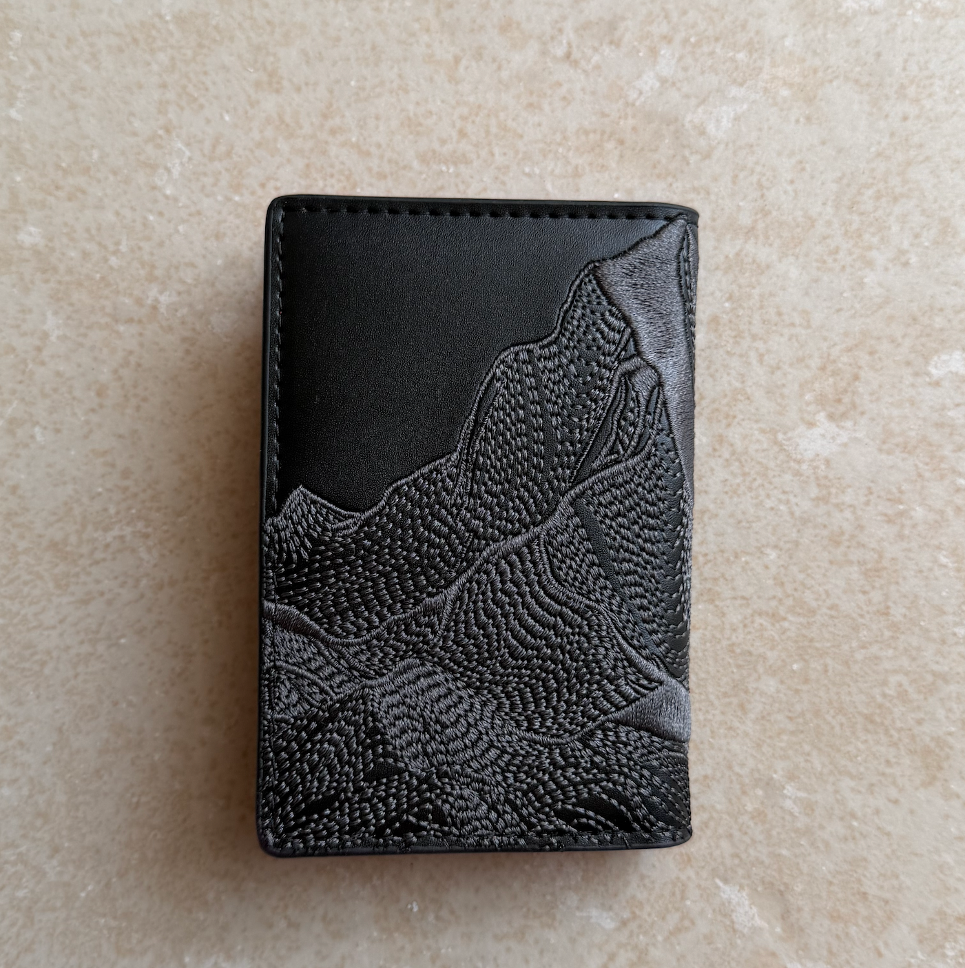 Black/Red Peak Embroidered Leather Bi-Fold Cardholder