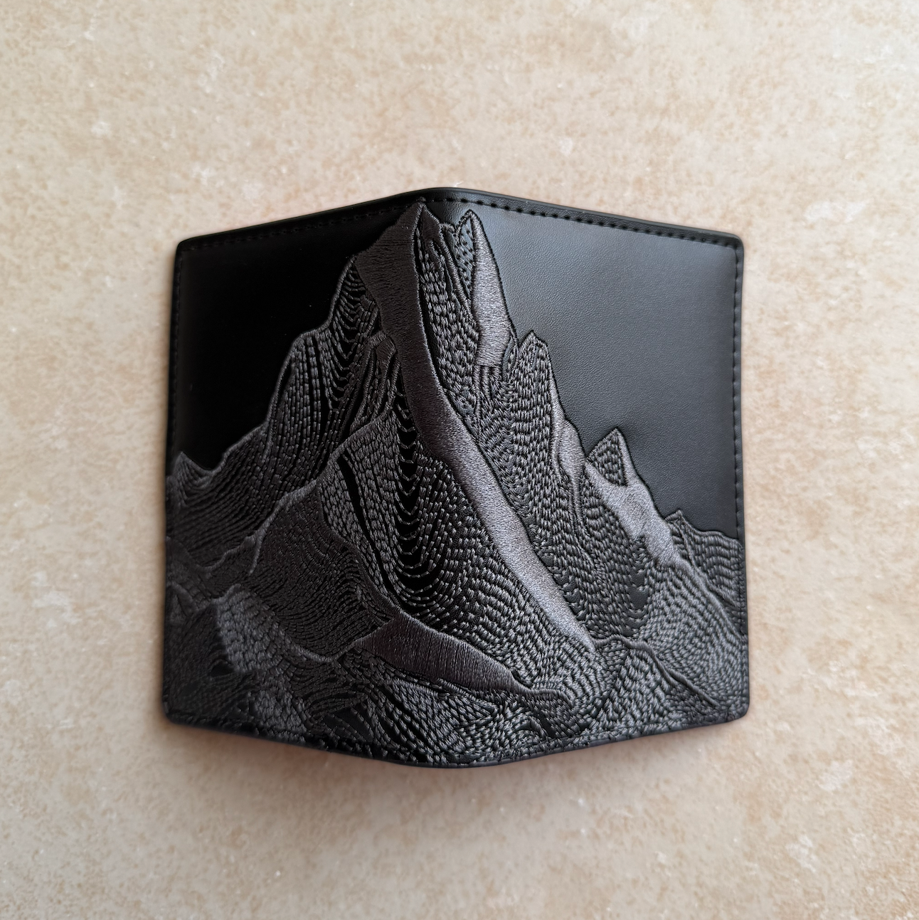 Black/Red Peak Embroidered Leather Bi-Fold Cardholder