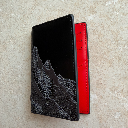 Black/Red Peak Embroidered Leather Bi-Fold Cardholder