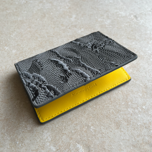 Grey/Yellow Embroidered Leather Bi-Fold Cardholder