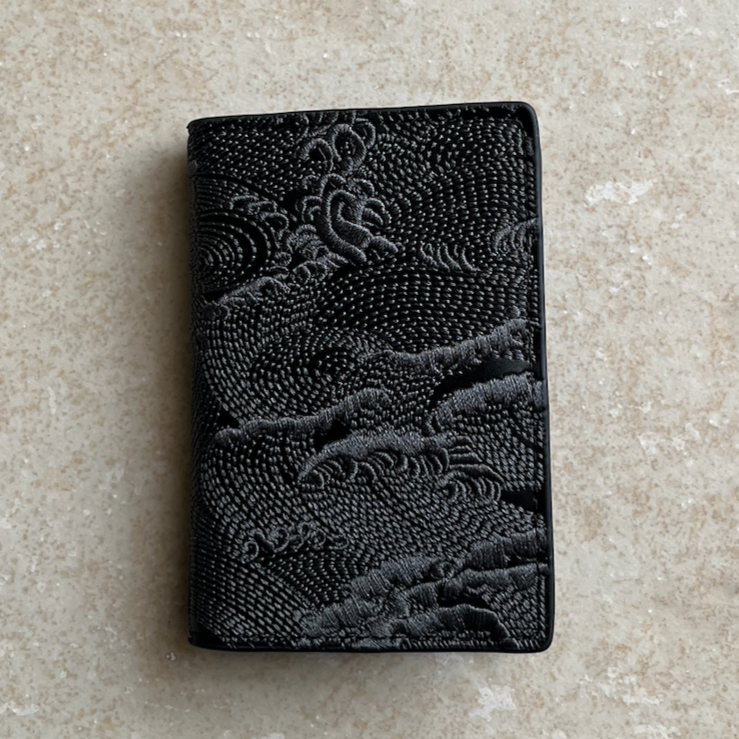 Black/Blue Embroidered Leather Bi-Fold Cardholder