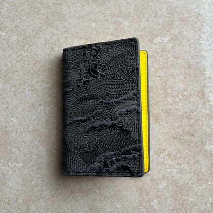 Grey/Yellow Embroidered Leather Bi-Fold Cardholder